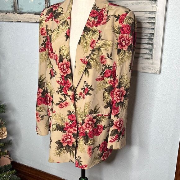 Folio Collection Saks Fifth Avenue Silk Women's Beige Floral Blazer Size 10 - Picture 3 of 11
